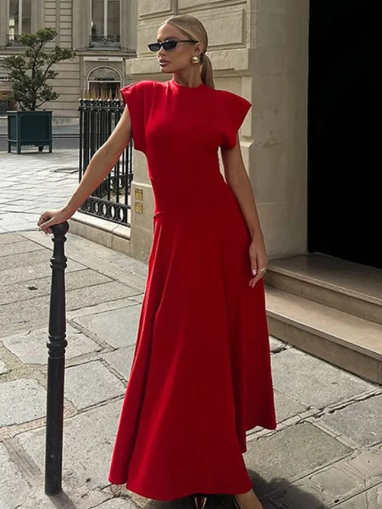 Elegant Red Maxi Dress with Shoulder Pads
