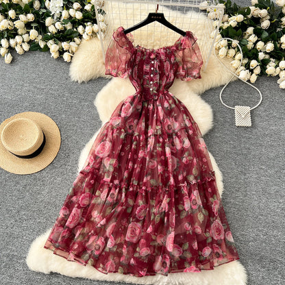 Elegant French Vintage Short Puff Sleeve Chiffon Dresses