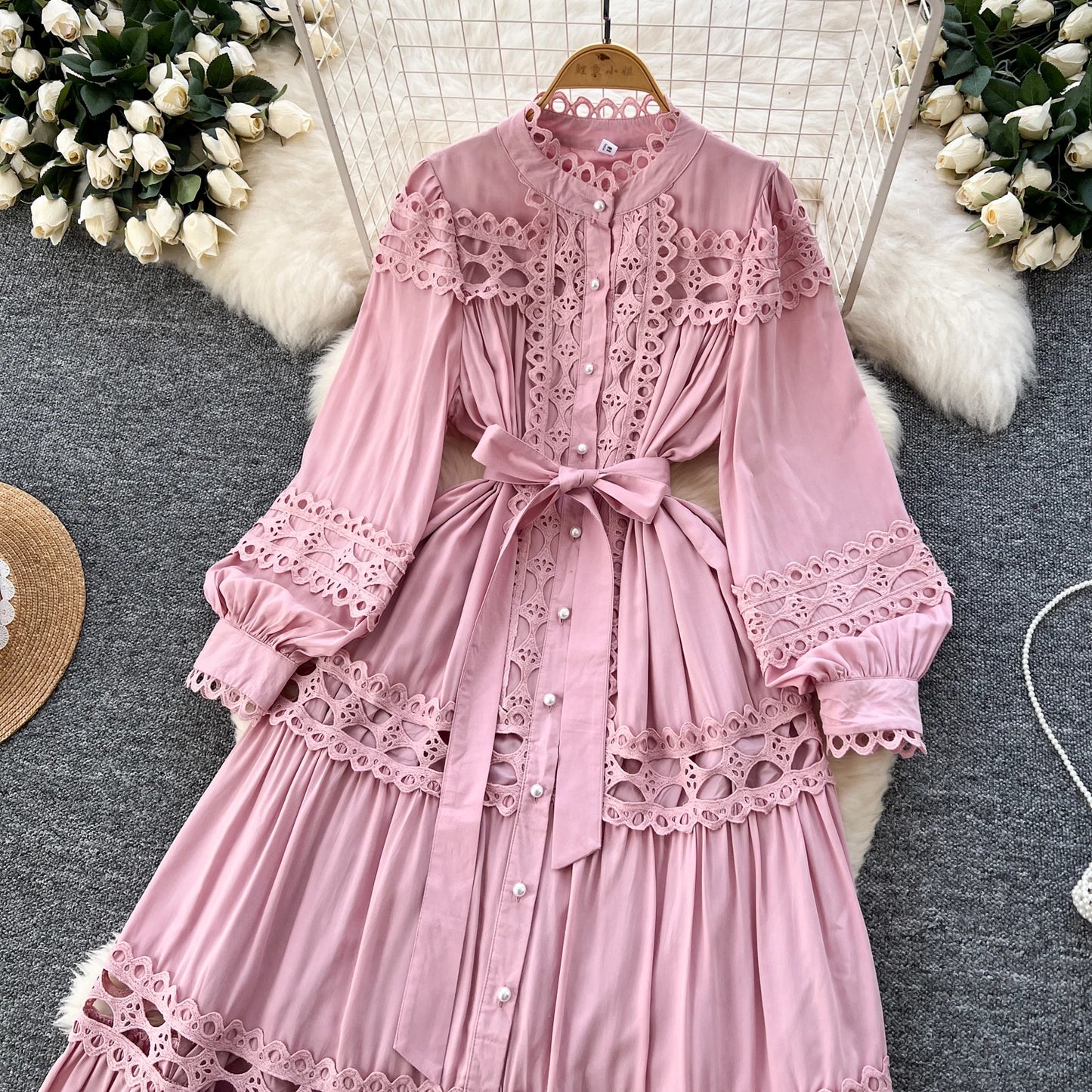 Elegant Hollow Out Hook Flower Lantern Sleeves Dresses