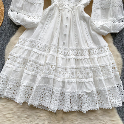 Vintage Lace Elegant V-Neck Lace Lantern Sleeve Dress