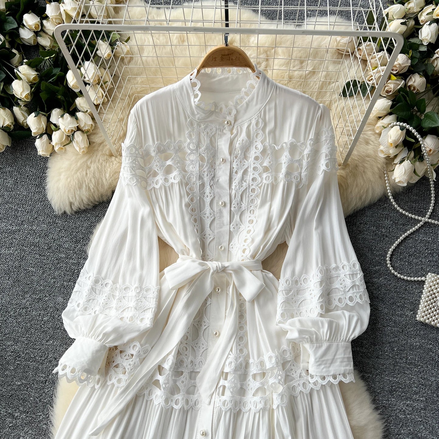 Elegant Hollow Out Hook Flower Lantern Sleeves Dresses