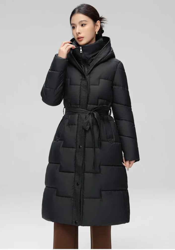 Model layering a black Collar Thick Warm Long Outwear over a dress.