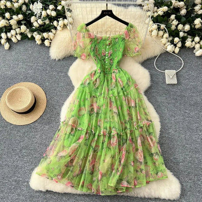 Elegant French Vintage Short Puff Sleeve Chiffon Dresses