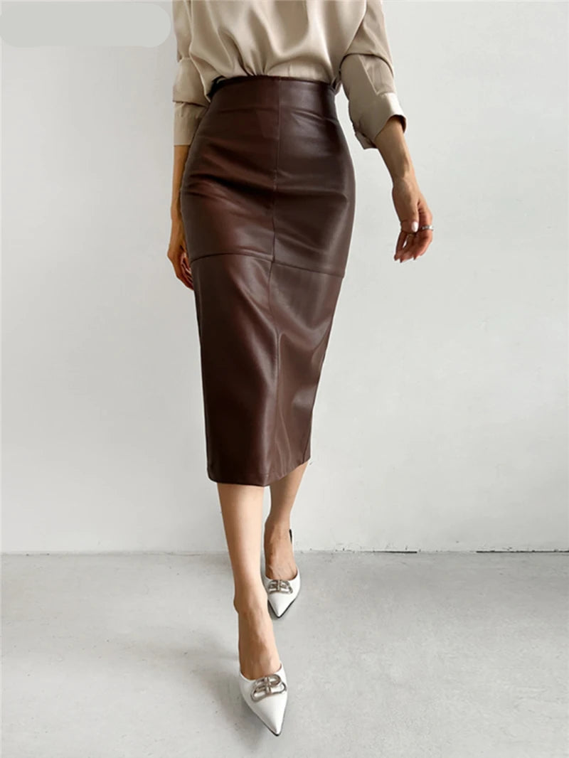 Back view of the PU leather skirt emphasizing its smooth texture
