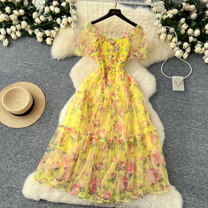 Elegant French Vintage Short Puff Sleeve Chiffon Dresses