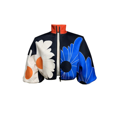 Turtleneck Short Jacket Stylish Flower Print Zipper Jackets