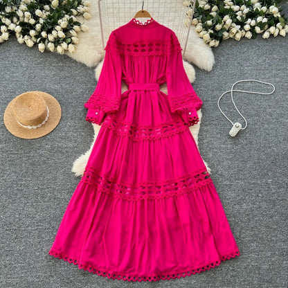 Elegant Hollow Out Hook Flower Lantern Sleeves Dresses