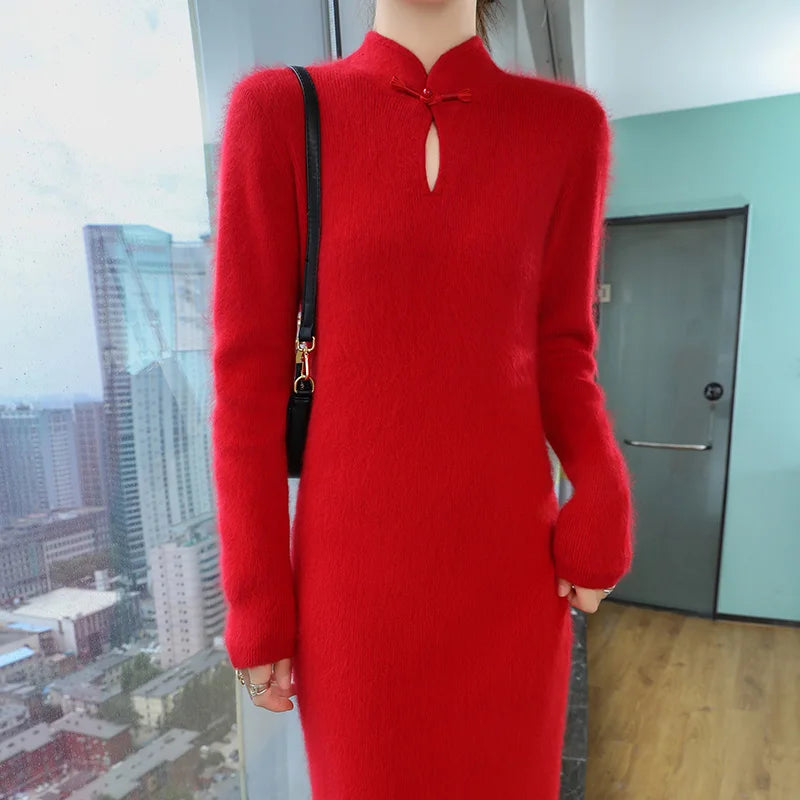 Full-length mink cashmere dress in rich, luxurious color.
