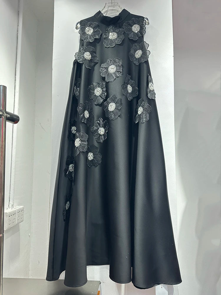 3D Floral Embroidered Flared Sleeveless Designer Dress