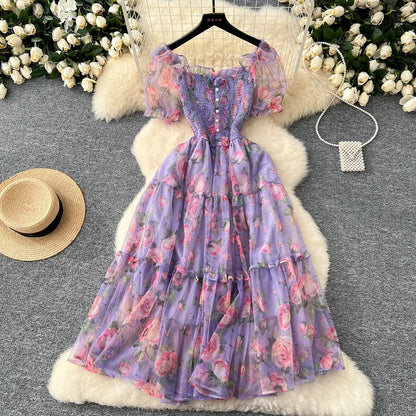 Elegant French Vintage Short Puff Sleeve Chiffon Dresses