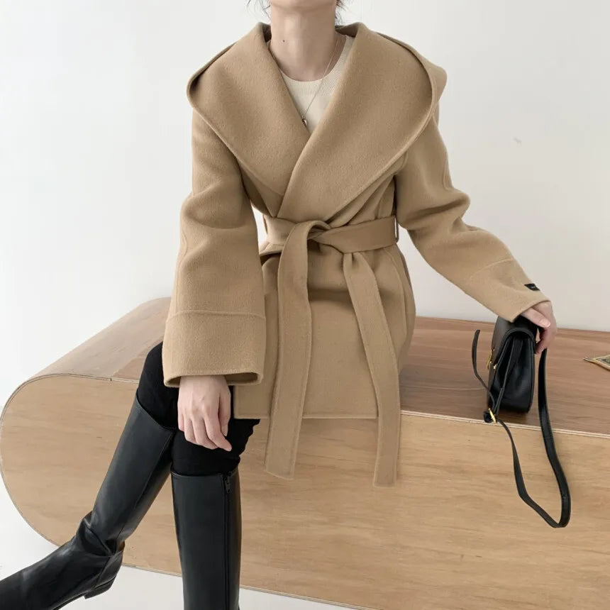 Korean Elegant Autumn Wool Jacket styled with a scarf.