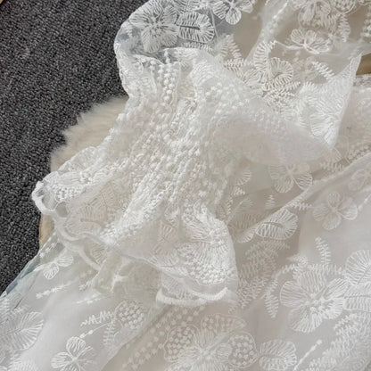 Pleated Lace Vintage White Dress with Ruffles