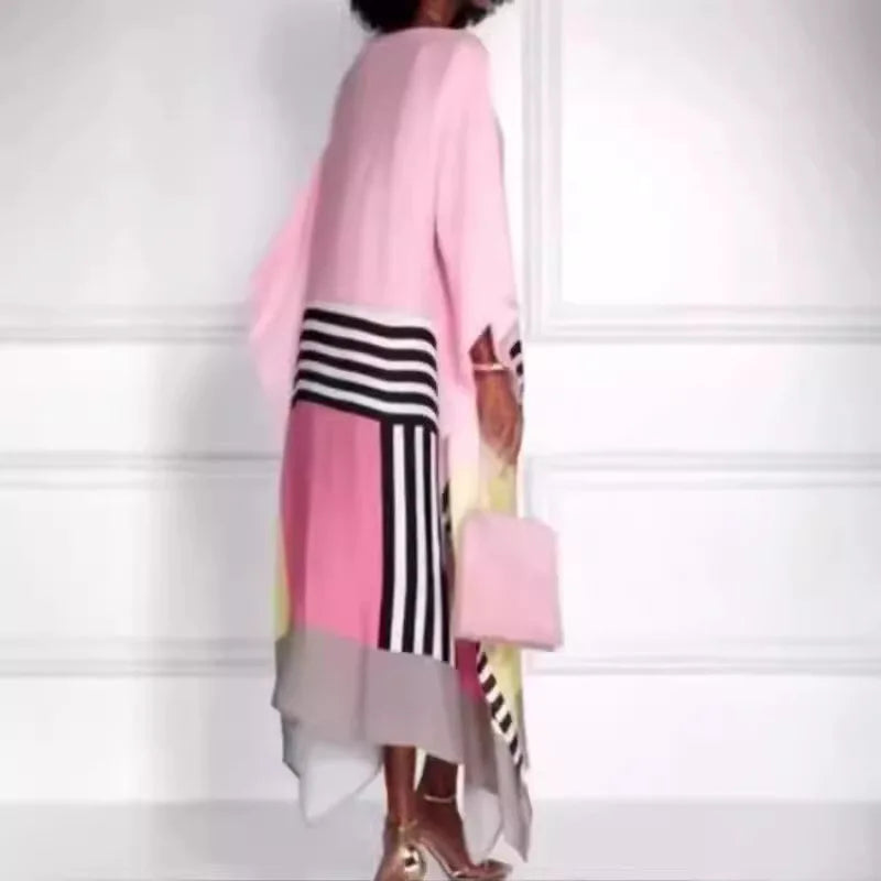 Flattering women’s candy stripe long dress side view
