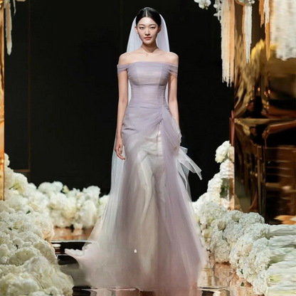 Elegant Purple Tulle Korean Evening Dresses