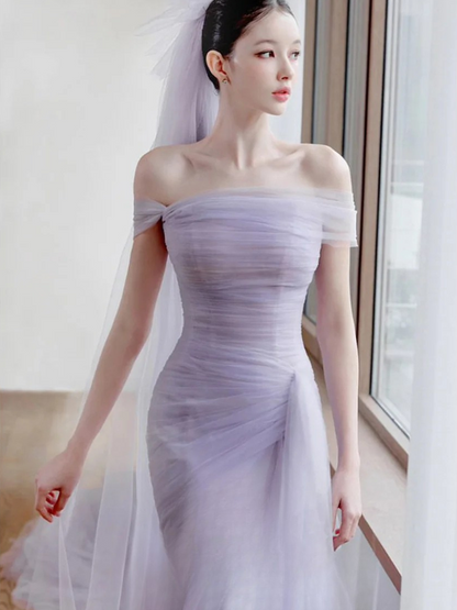 Elegant Purple Tulle Korean Evening Dresses