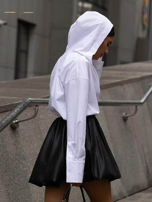 Women's white hooded shirt front view
