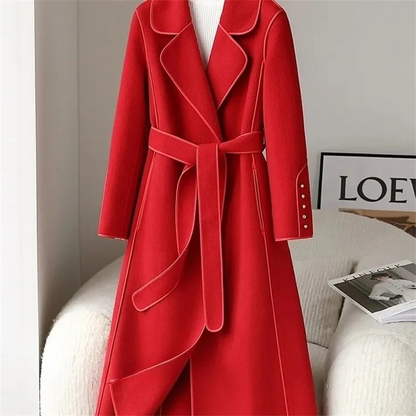 Elegant Red Double-Sided Cashmere Coat worn at a formal gathering.