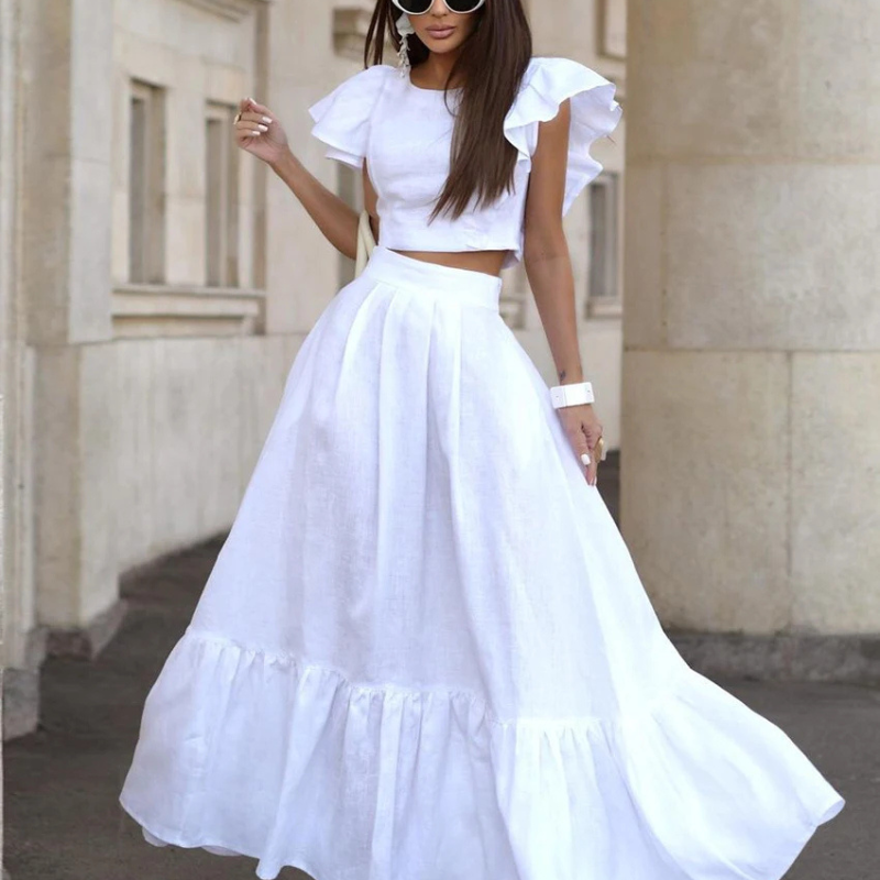 Chic White Linen Crop Top and Skirt Set
