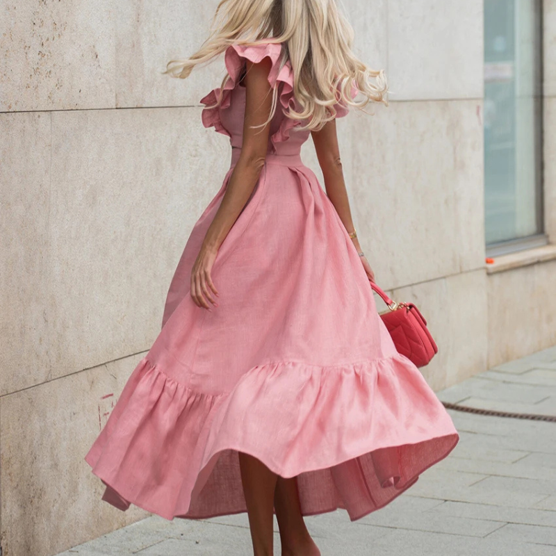 Ruffle Detail Crop Top and High-Waisted Skirt in White Linen
