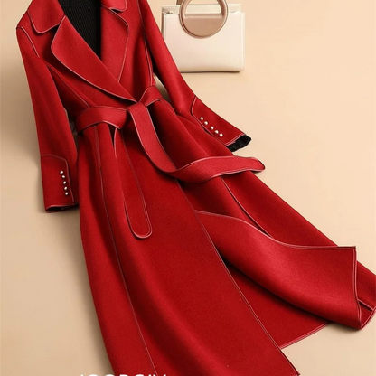 Full-length view of Elegant Red Double-Sided Cashmere Coat in natural lighting.