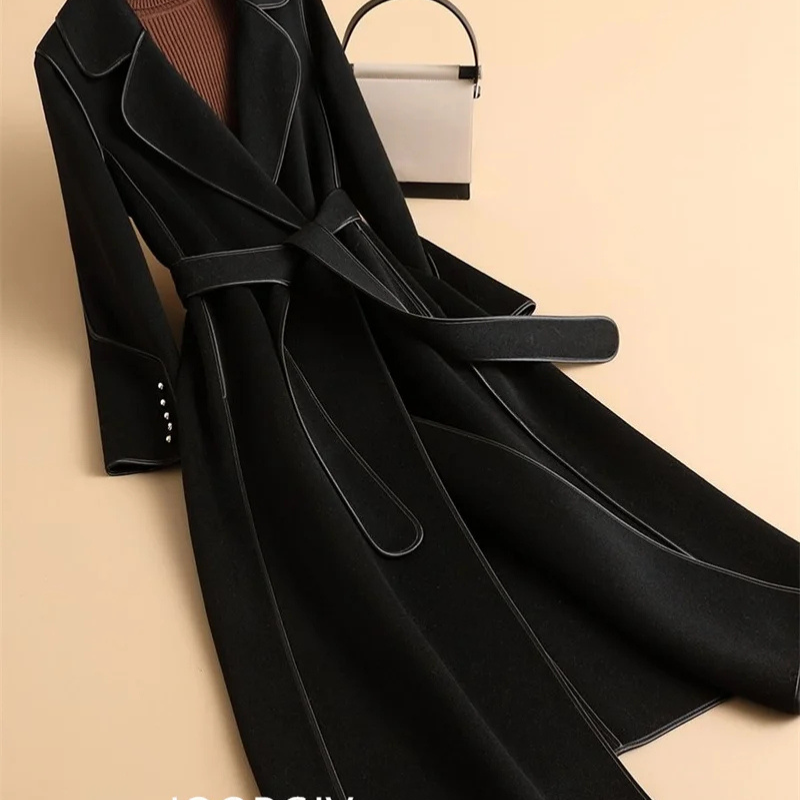 Collar detail of Elegant Black Double-Sided Cashmere Coat.
